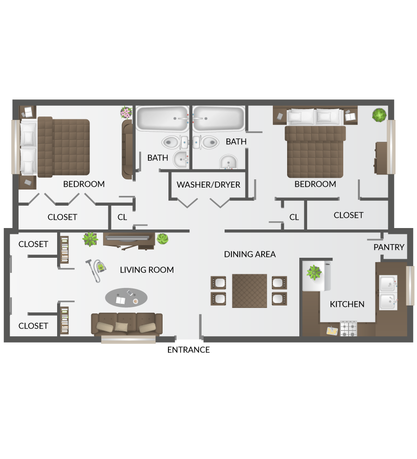 Floor plan for 2 beds, 2 baths, 1200 sqft